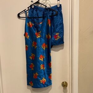Addiction Blue Satin Teddy Print Sleep Set with Red and Gold Accents